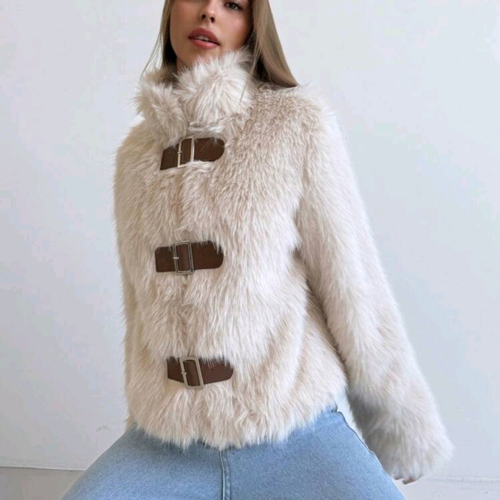 Women Stand Collar Fitted Long Sleeve Fluffy Button Apricot Jacket, Warm - Picture 5 of 8